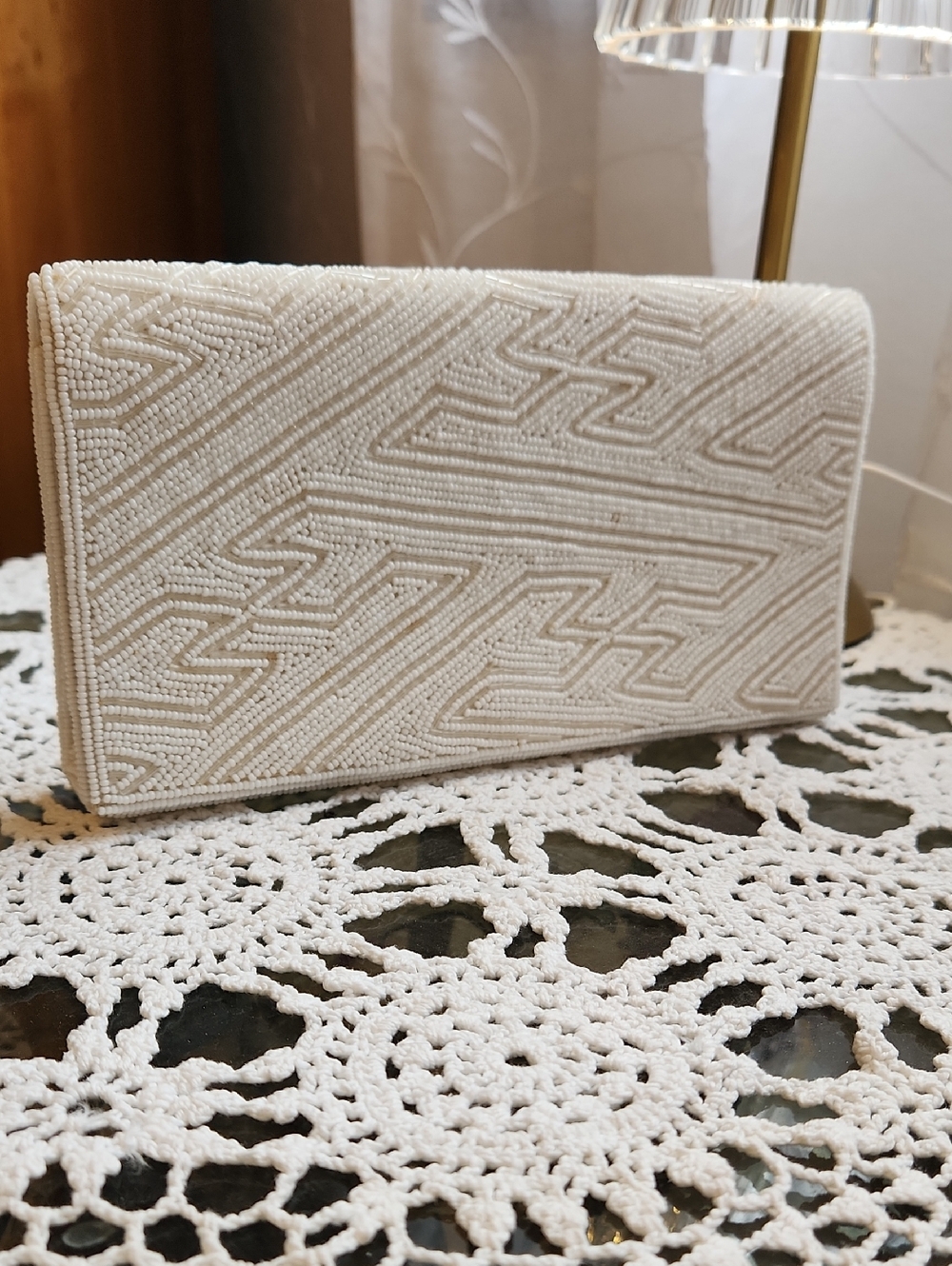 Vintage Elegant White Beaded Evening Clutch